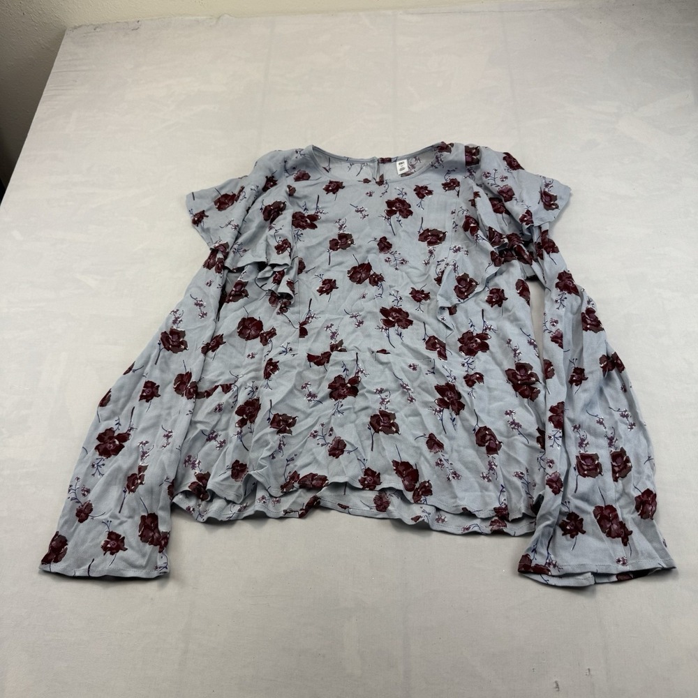 BP. Womens M Blue Burgundy Floral Ruffle Long Sleeve Blouse NWT